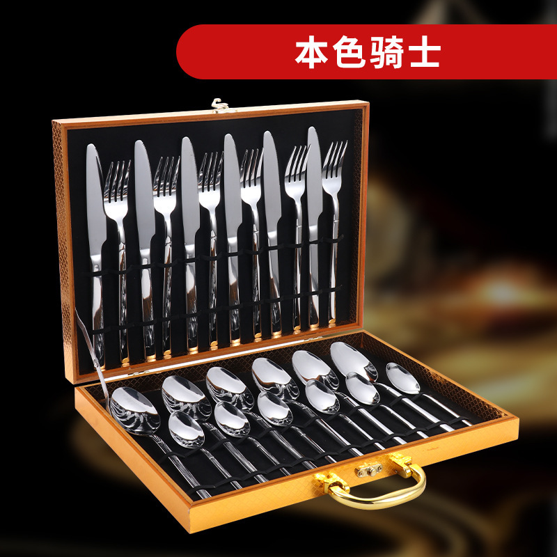 Amazon transfronteriza de 24 piezas de acero inoxidable occidental vajilla traje 1010 cuchillo, tenedor y cuchara de oro natural de almacenamiento en rack caja de regalo