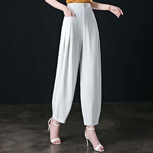 Large size loose Lisse diagonal fabric summer thin cropped pants, high waist casual wide-leg pendant bloomers for women