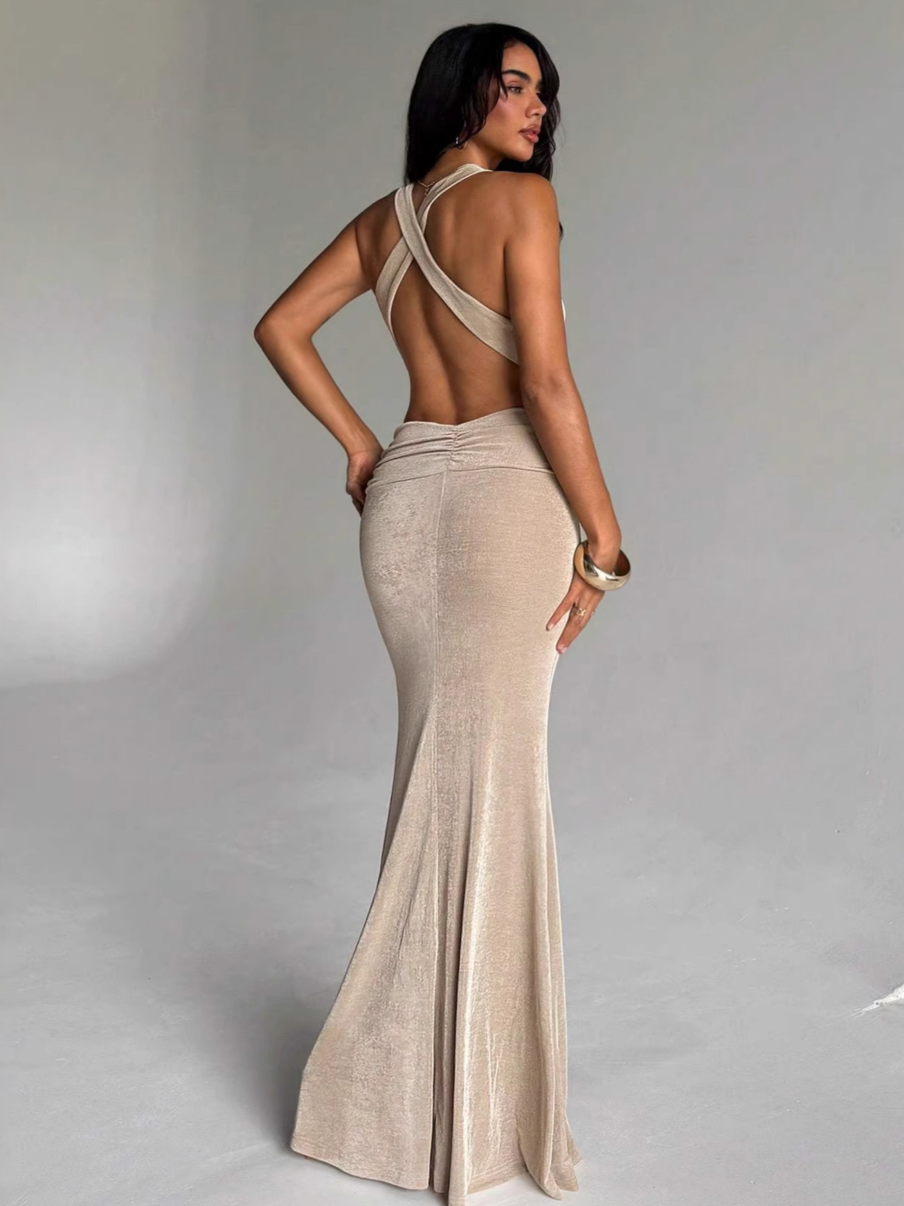 Summer Sexy Backless Hollow Out Long Dress V Neck Slim Fit Glitter Women's Fashion Elegant Dress_ecoleips.com