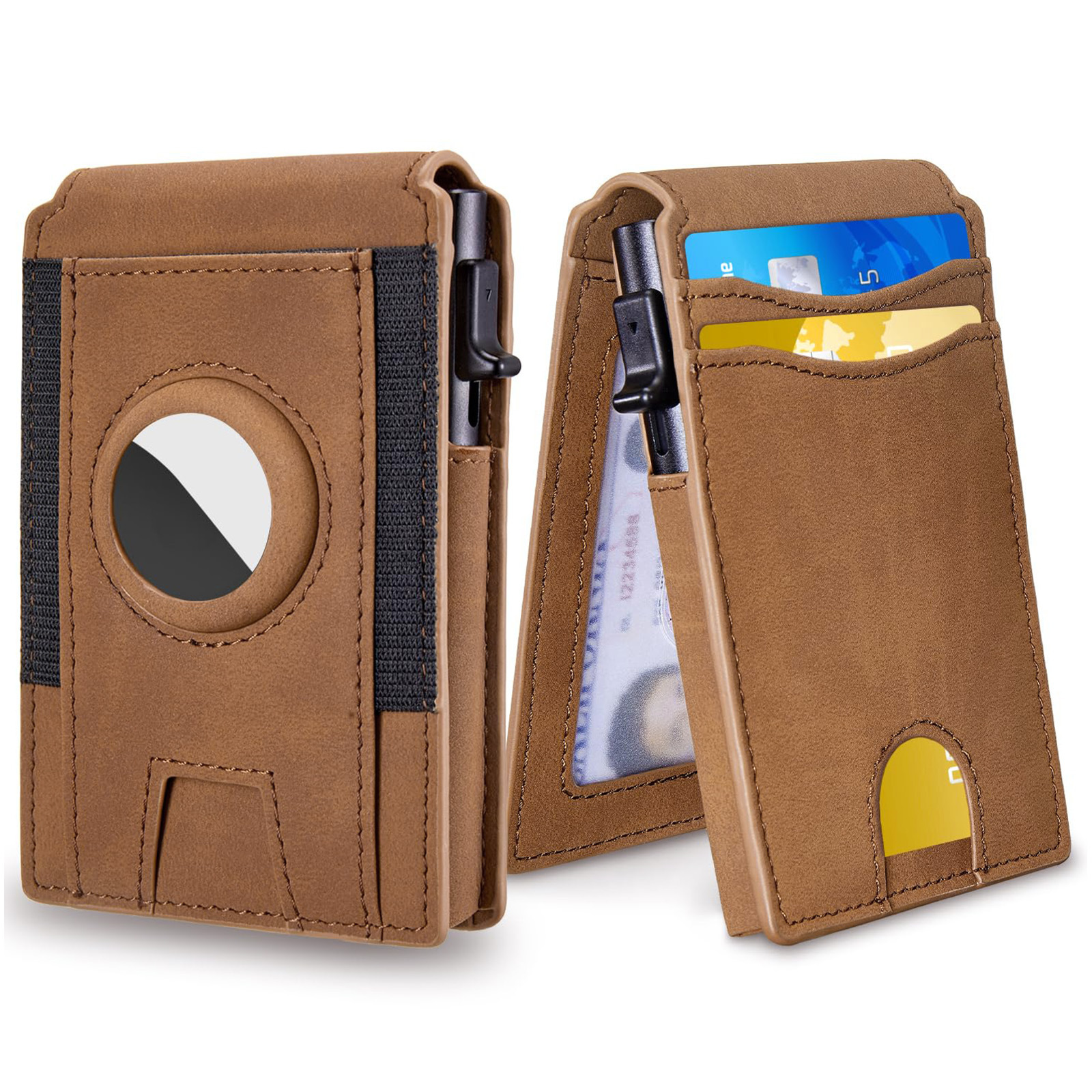 Amazon dos plegables con airtag billetera RFID cepillo antirrobo bolsa de tarjetas de aleación de aluminio negocio billetera de cuero para hombres