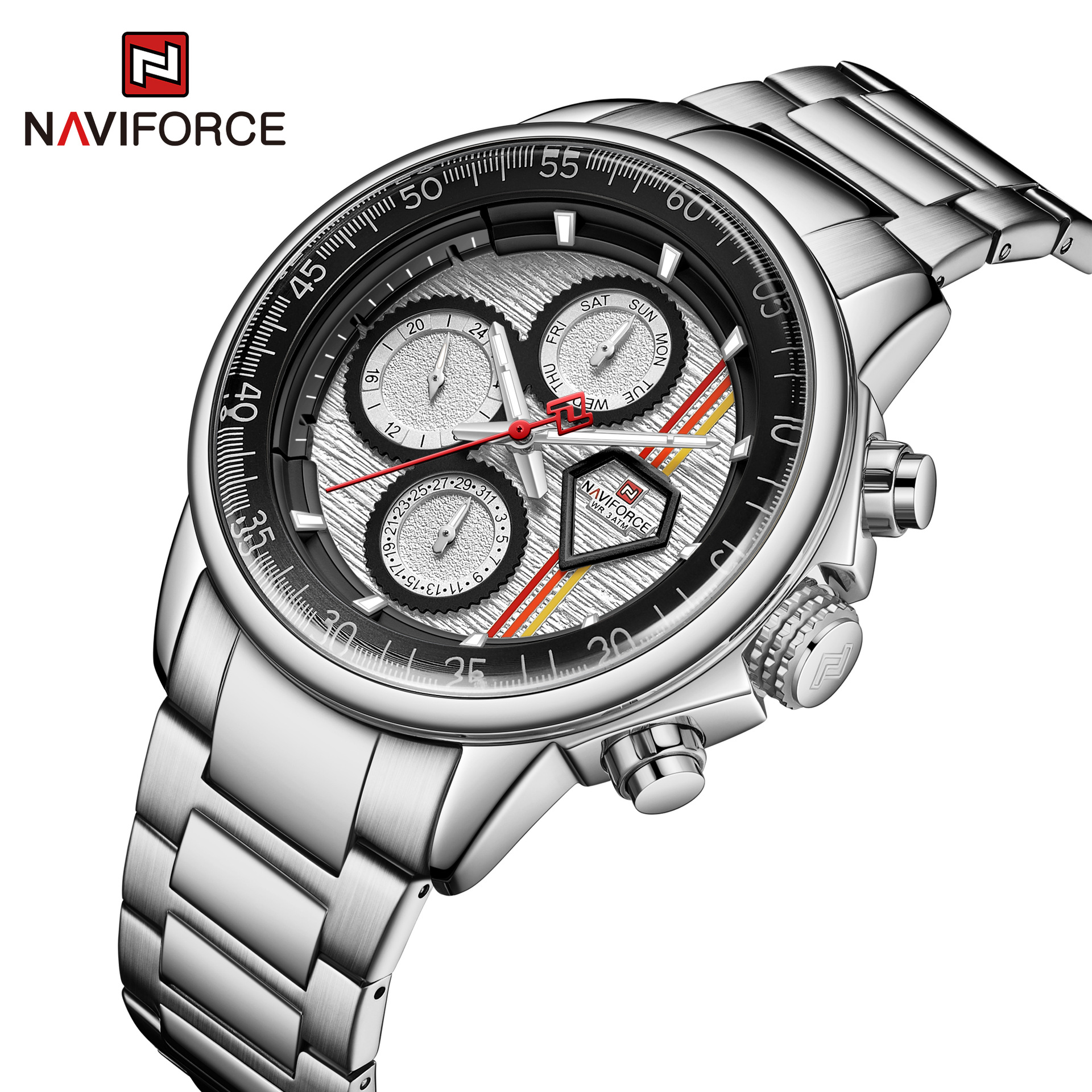 Relógio masculino casual de negócios de quartzo NAVIFORCE/Lingxiang 9184 com pulseira de aço e calendário de seis pinos_voghion.com