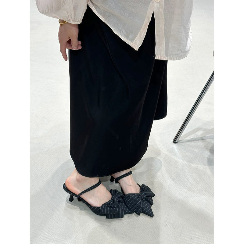Striped Bow High Heels for Women 2025 Gray Elegant Pointed Toe Kitten Heels Elegant Sexy Low Heel Toe Sandals