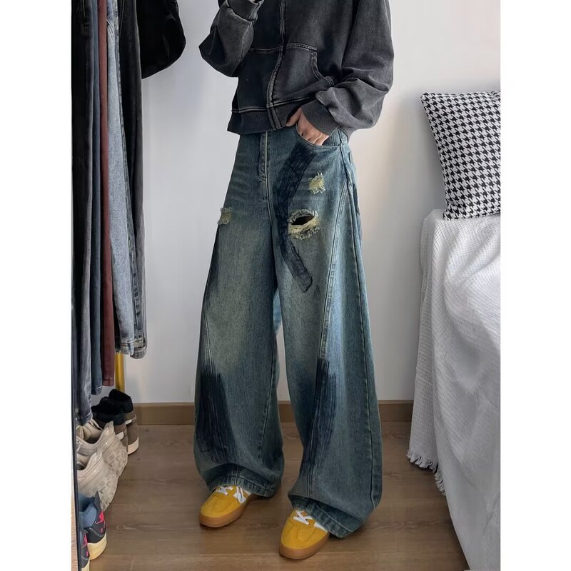 Fashion American Retro Lantern Silhouette Tapered Graffiti Ripped Slimming Drape Floor-Length Unisex Wide-Leg Jeans Trendy Fashion American Retro Lantern Silhouette Tapered Graffiti Ripped Slimming Drape Floor-Length Unisex Wide-Leg Jeans Trendy