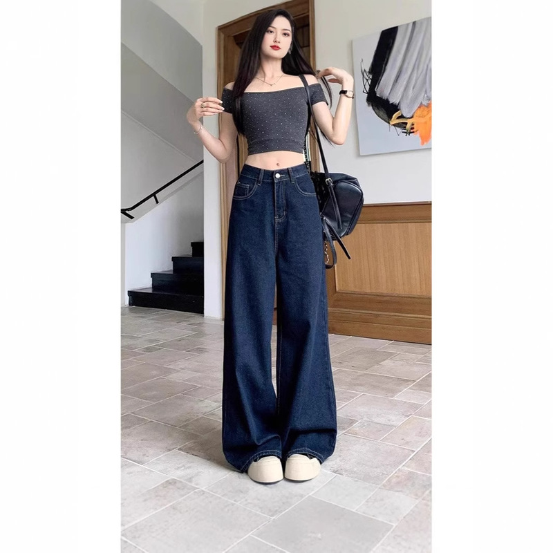 2025 New Slim Slim Fit Loose Denim Vintage Washed Wide Leg Pants Women's High Waist American Style Trousers