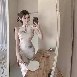 新中式改良旗袍御姐网纱连衣裙女夏季性感开叉露肩高级挂脖连衣裙
