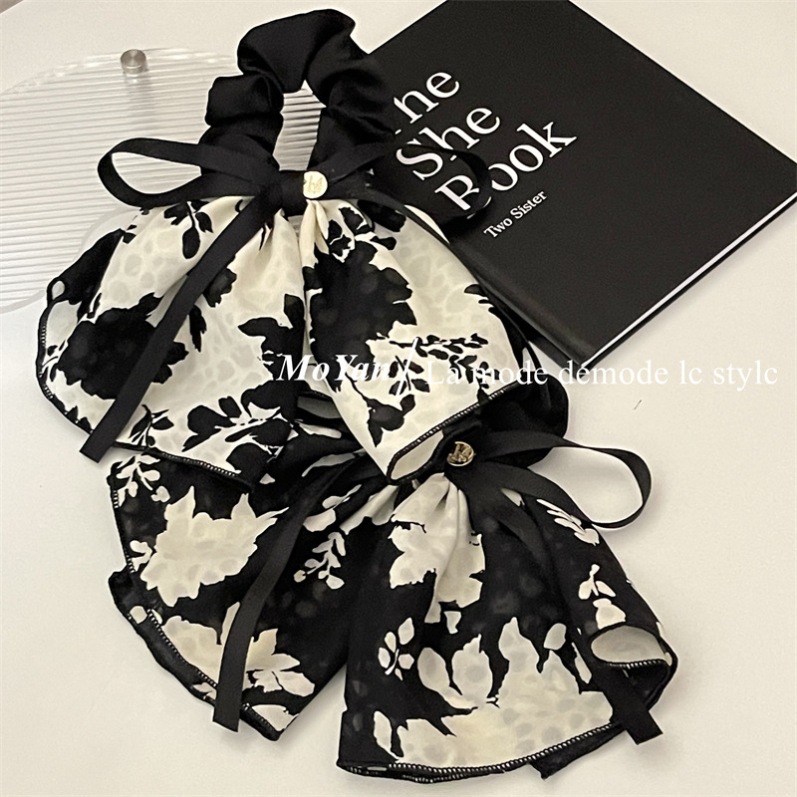 Retro impresión en blanco y negro arco vestido de tinta cabello anillo de cabello cuerda de cabello mujer de alta calidad sensación suave arco nuevo