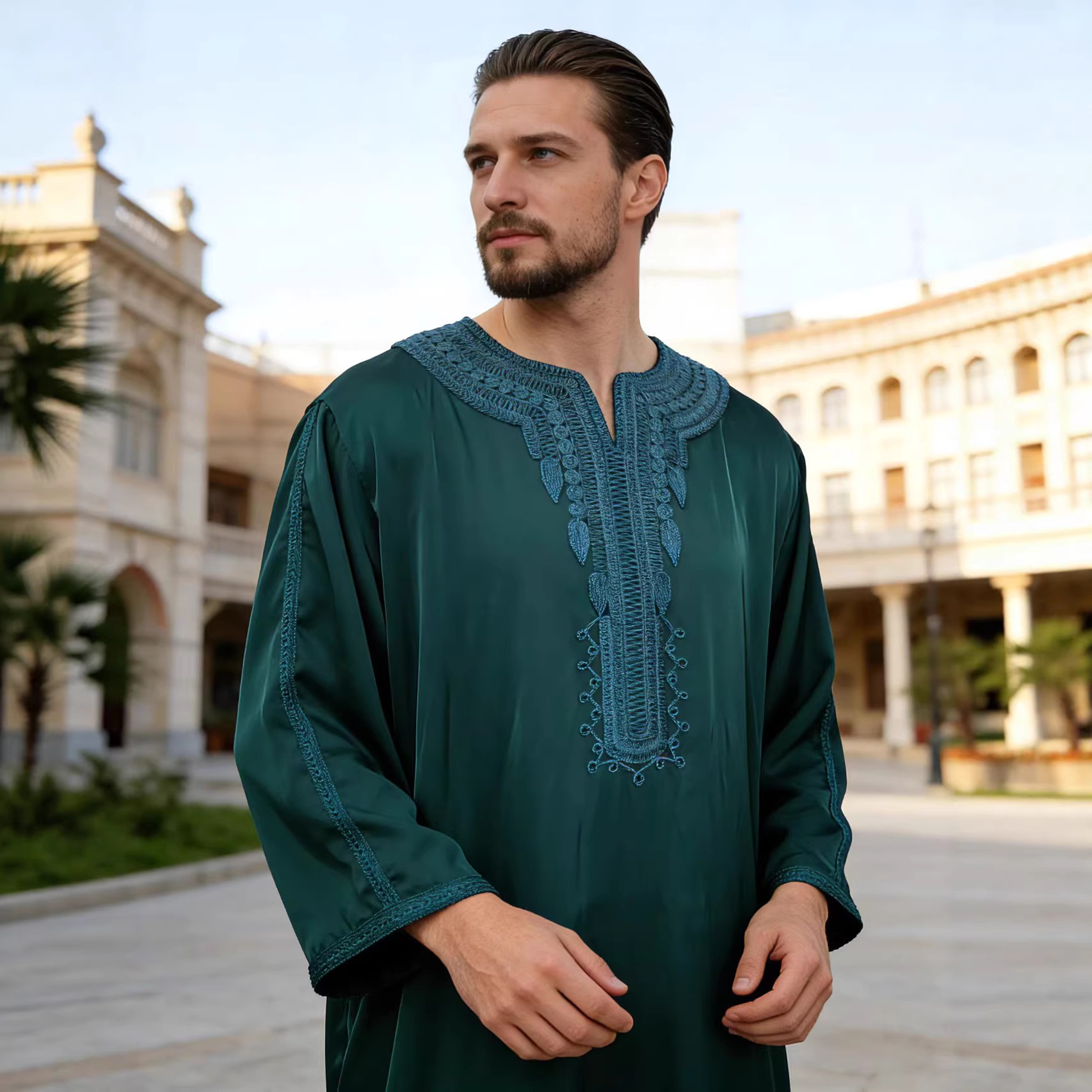 2025 New Model Cross-Border Trade Mid-Sleeve Embroidered Men's Robe with Side Pockets