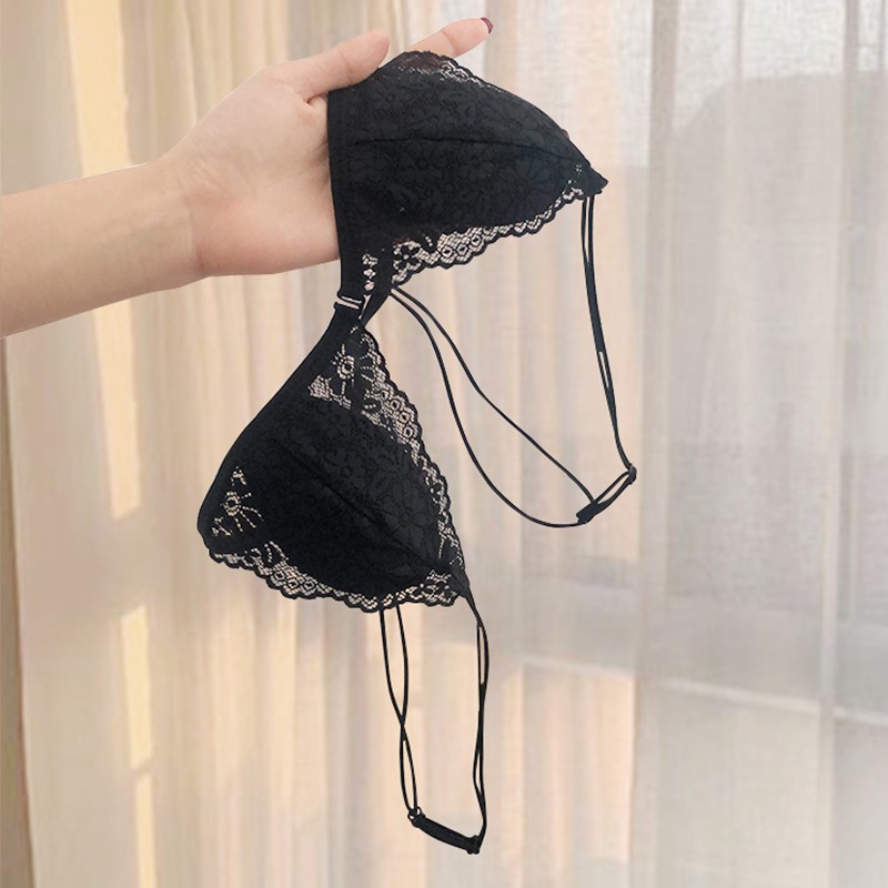 French Style Underwear Women's Front Buckle Triangle Cup Thin Belt Beautiful Back Thin No Steel Ring Lace Summer Sexy Pure Desire Bra for Women
