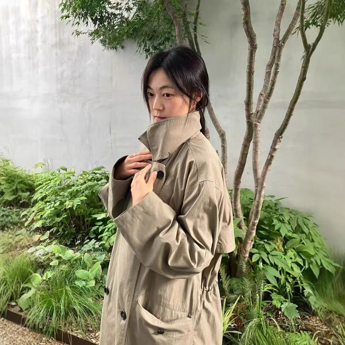 Now Ng Korea Dongdaemun Designer Mo***A Double-Breasted Lapel Faux Two-Piece Trench Coat ·