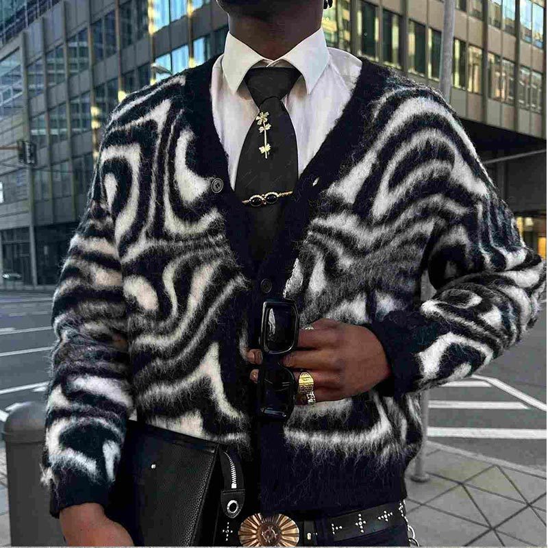 Andrei | Amazon 2025 Export European and American Men's Sweater Autum New V Neck Stripesd Long-Sleeved Knitted Cardigan