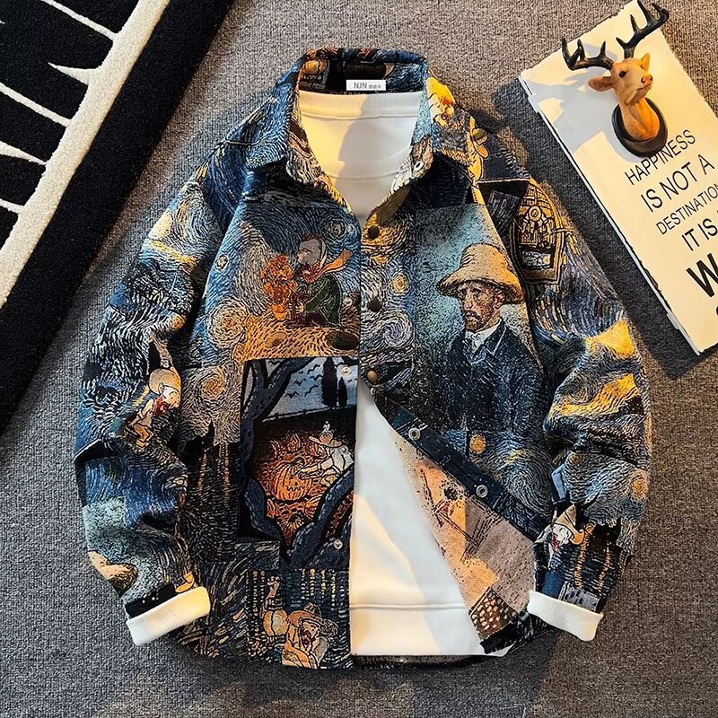 Van Gogh Oil Painting Shirt Men's Spring and Autumn Korean Style High-street Ripper Handsome Men's Top Trendy Brand Art Student Casual Jacket