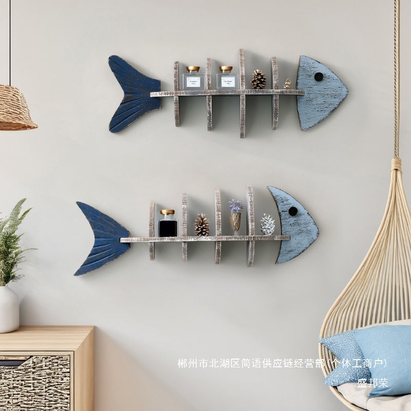 Fábrica directa de decoración mediterránea estantes de peces esqueleto partición de madera en forma de pez estante creativo de pared decoración de pared