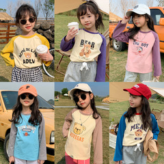 Baby Round Neck Color Block Print T-Shirt with Long Sleeve for Girls 2024 Autumn New Arrival Loose Fit Shoulder-Strap Top Children's Cartoon Style