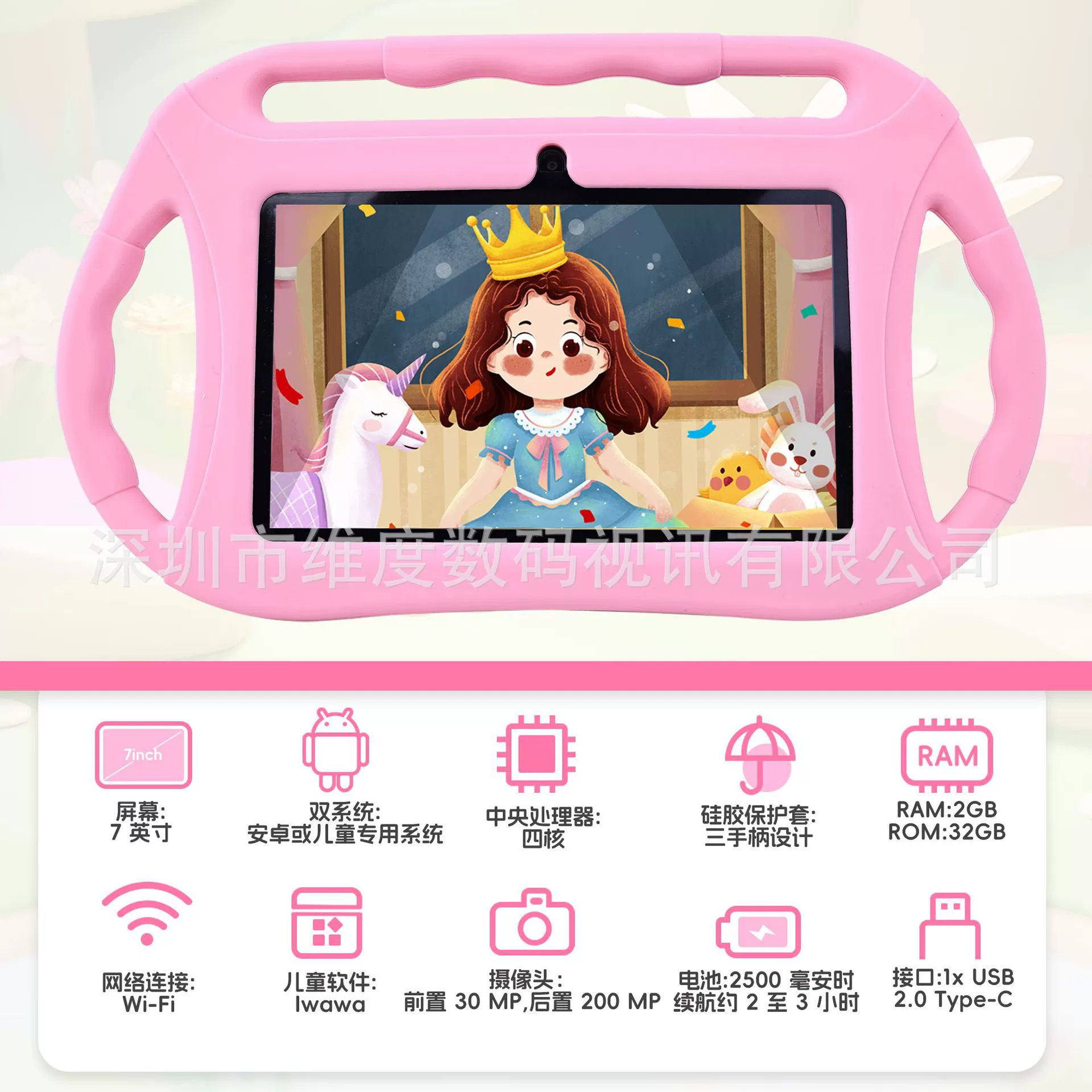 Детский планшет Android (iwawa) 7″, HD, противоударный чехол с ручками
