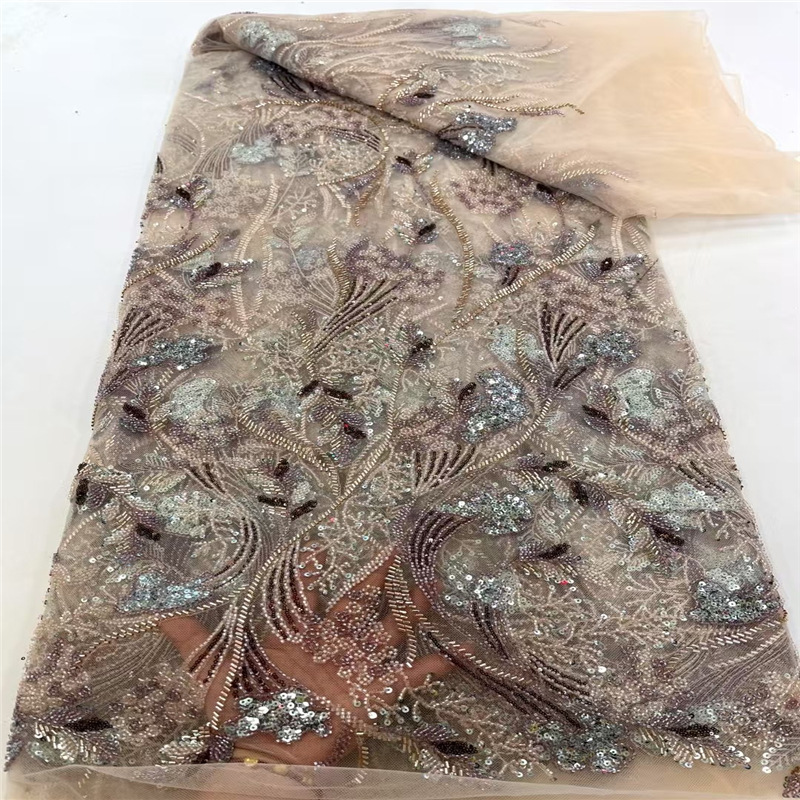 新款欧美重工珠管珠子绣蕾丝刺绣亮片蕾丝网纱连衣裙礼服面料lace