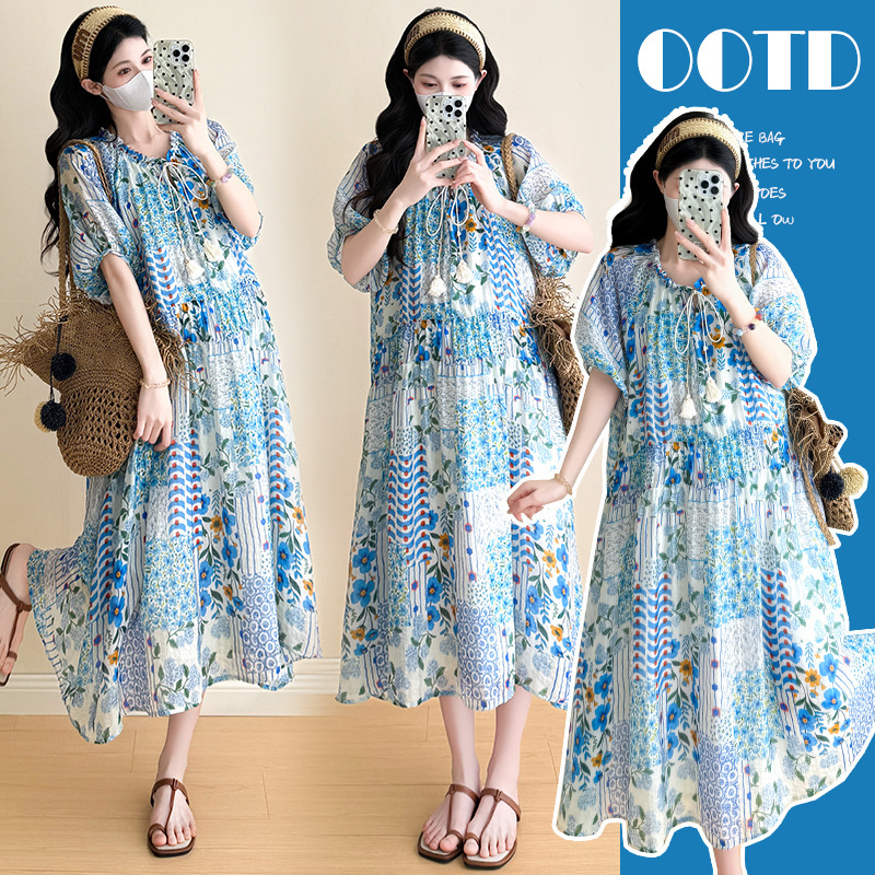 Real Shot of Summer Bohemian Style Loose Mid-Length Maternity Dress Fashionable Printed Casual Vacation Long Dress