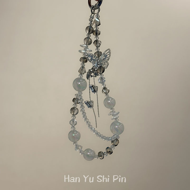 晚月蝶~甜美水晶串珠蝴蝶流苏手机挂件时尚小清新包包手腕链挂饰|undefined