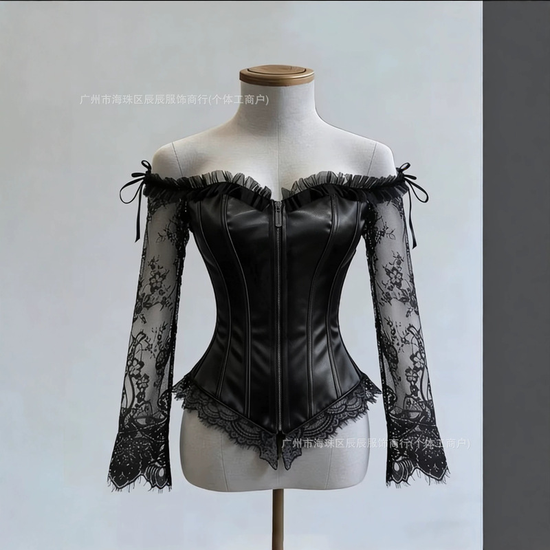 Vintage Tight-Fitting Off-Shoulder Pu Faux Leather Lace Patchwork Long-Sleeve Design Top, Elegant and Stylish Short Leather Jacket Vintage Tight-Fitting Off-Shoulder Pu Faux Leather Lace Patchwork Long-Sleeve Design Top, Elegant and Stylish Short Leather Jacket