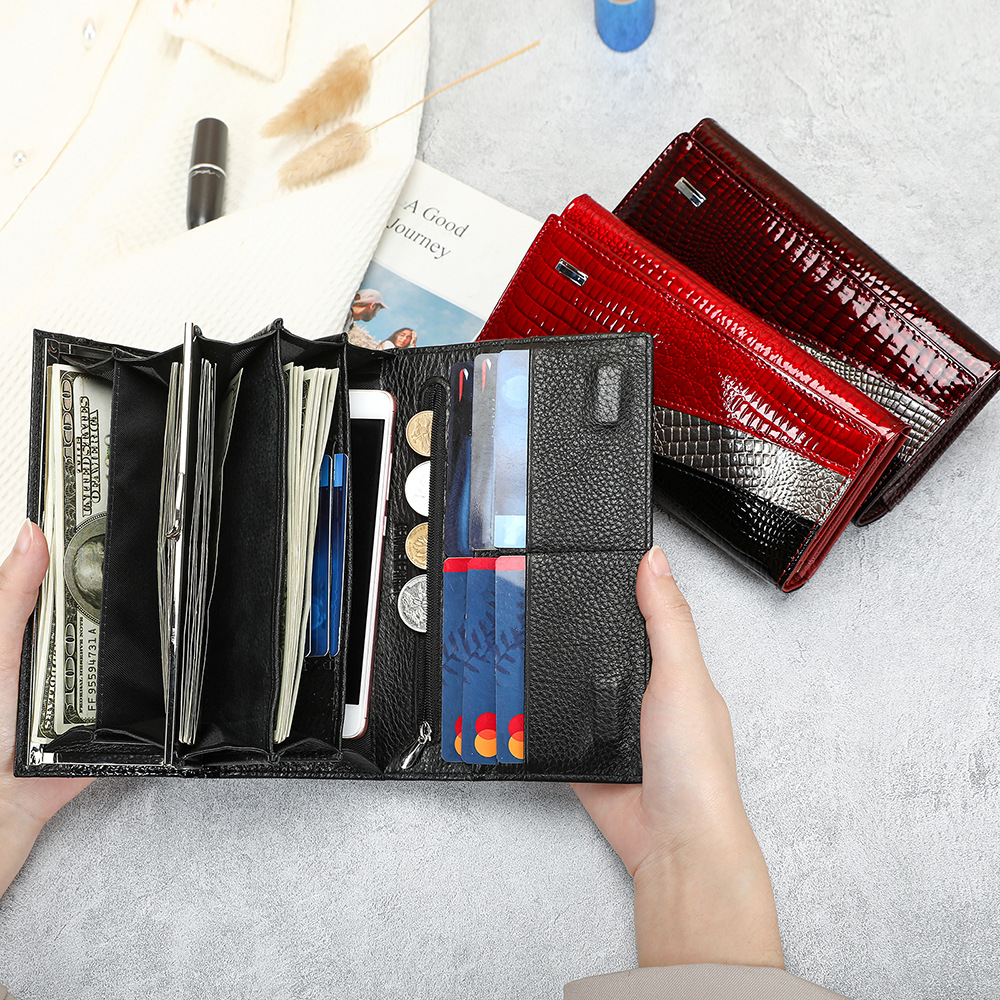 Ví cầm tay nữ da thật dáng dài phong cách đơn giản — Đen, Đỏ, Đỏ rượu, 18.5*3*9cm