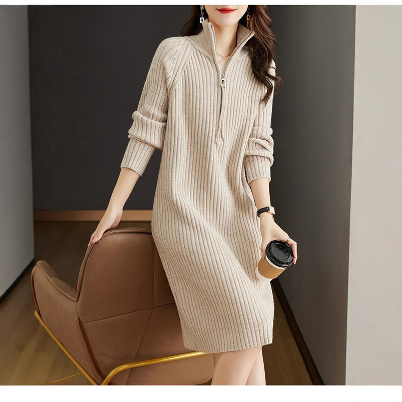 French Style Knitted Dress for Women Autumn and Winter 2026 Women's Half-Zip Loose Casual Long-Sleeved Stand-Up Collar Sweater Dress