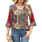 现货跨境欧美女装蕾丝荷叶边袖 T 恤 V 领时尚休闲印花束腰上衣