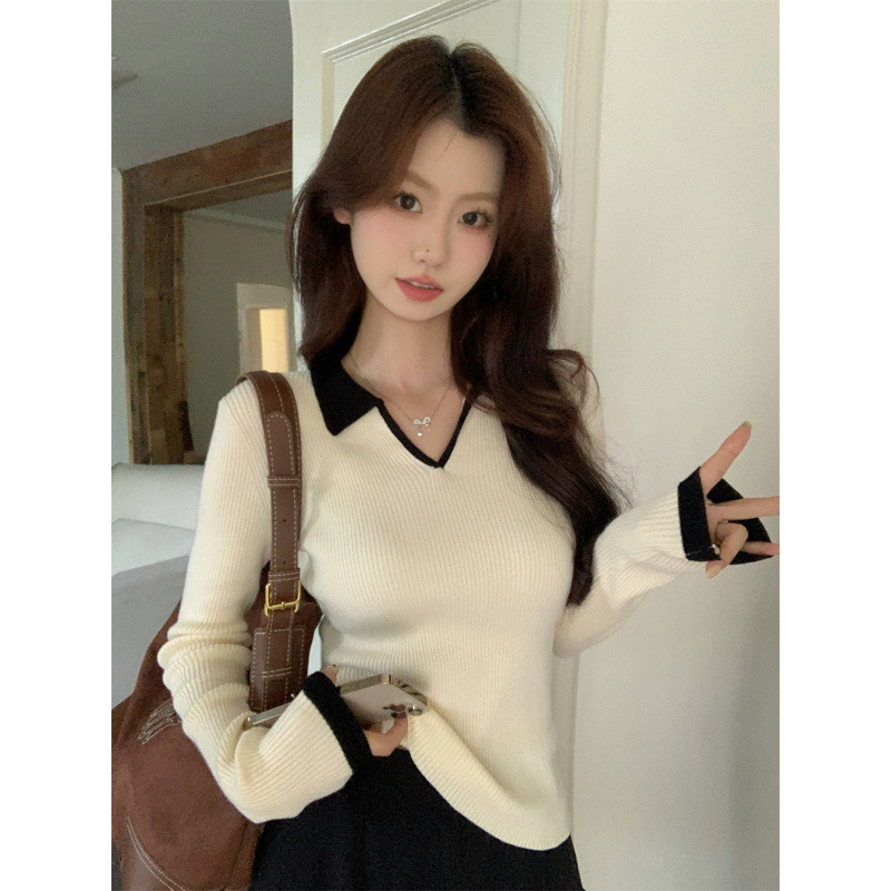 气质撞色polo领针织衫女春秋韩系小众时尚修身内搭打底衫显瘦上衣|undefined