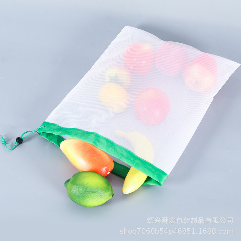 现货水果网袋 环保rpet涤纶拼接网袋超市蔬菜水果食品束口袋定制