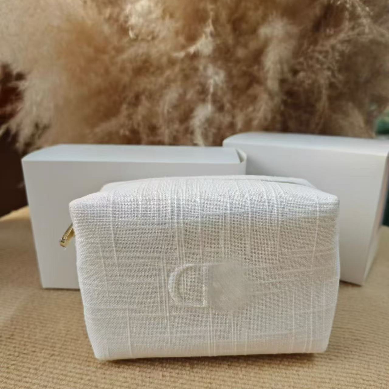 Qızıl Fermuarlı Pambıq Kətan Makiyaj Çantası