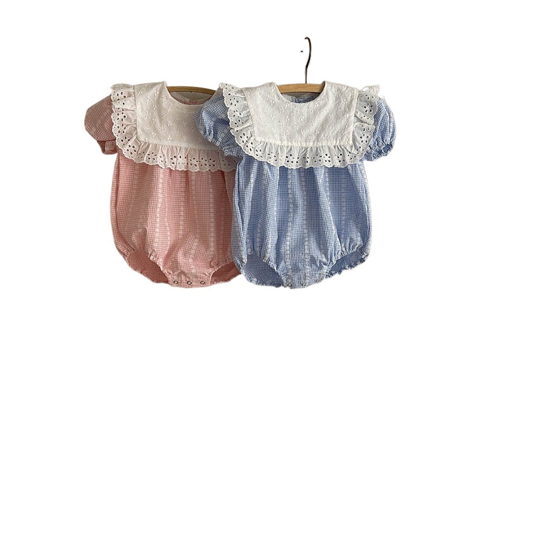 INS estilo coreano bebé niñas verano bordado hueco burbuja de encaje manga corta bolsa pedos mono solapa mameluco