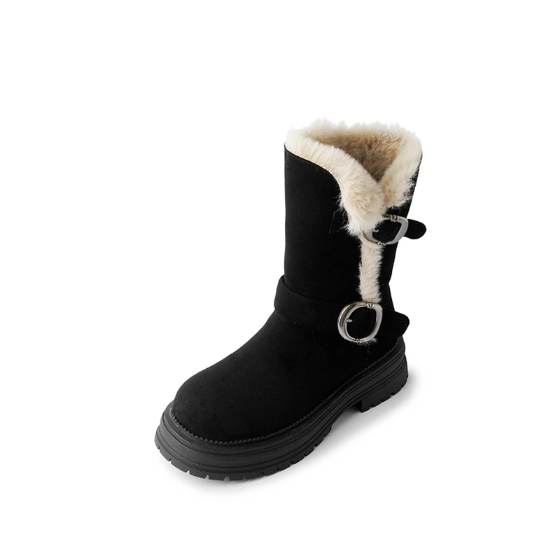 Boot nữ đế dày khóa kim loại da lộn, kiểu hai lớp gấp, lót bông giữ ấm, cổ ngắn — màu đen
