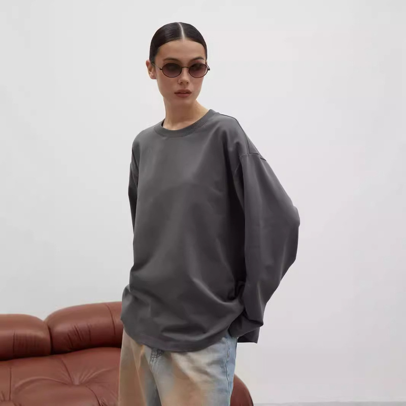 260g Combed Cotton Solid Color Long Sleeve T-shirt Women European and American Style Cross-border Hot Selling Loose Casual Round Neck Top High Quality