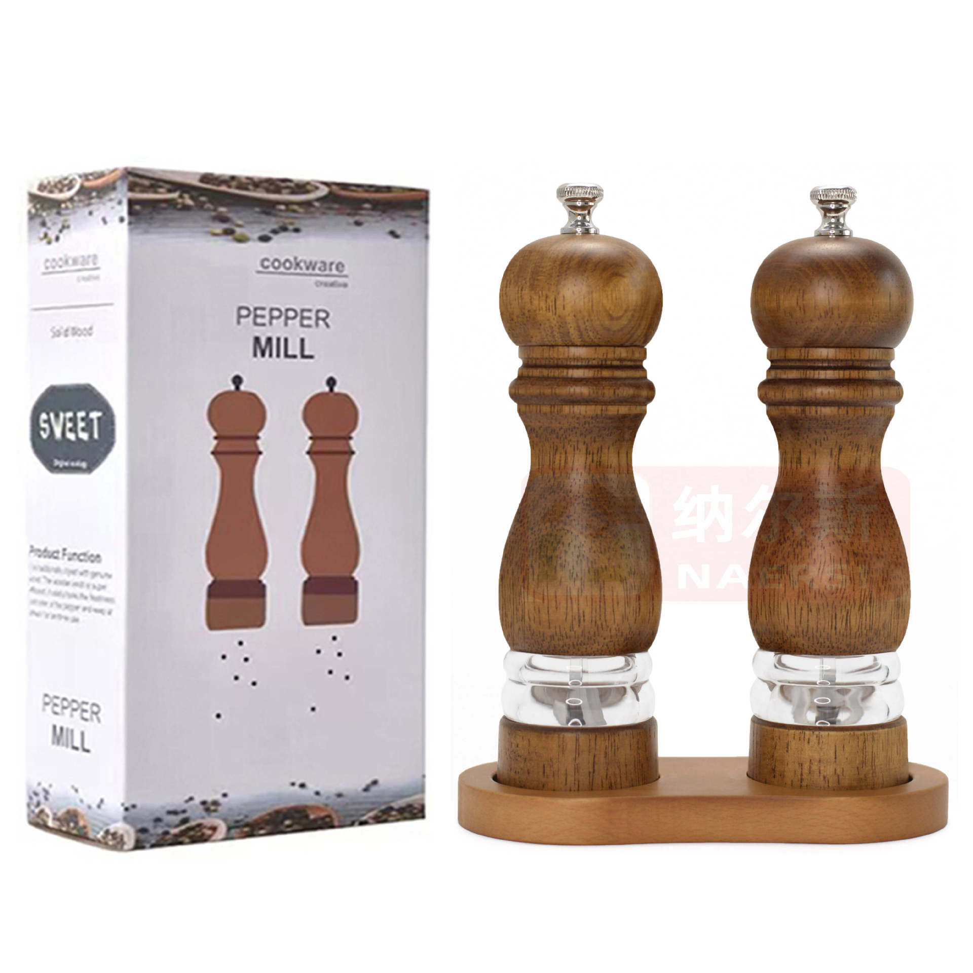  Molinillo manual de pimienta o sal, cuerpo acrílico y núcleo cerámico, diseño clásico de madera, utensilio de cocina