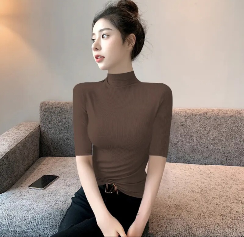 黑色螺纹方领中袖打底衫女内搭修身T恤显瘦气质五分袖洋气上衣服|undefined