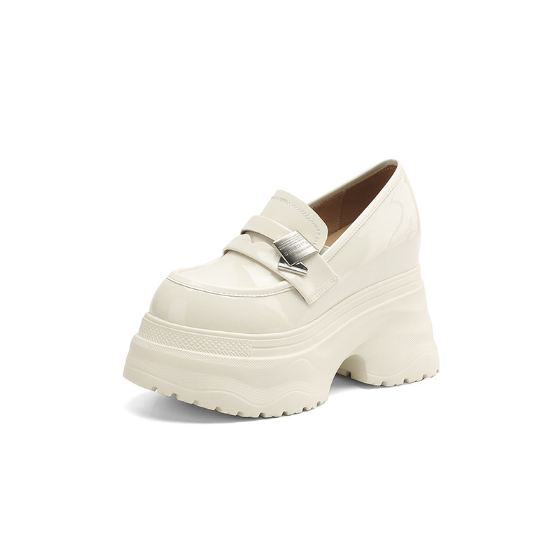 Giày lười nữ tăng chiều cao 12cm đế dày da sáng chế mũi vuông phong cách loafer — đen, Màu trắng nhạt