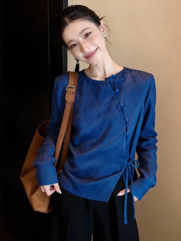 2026 Spring New Vintage New Chinese Style Blue Diagonal Placket Tie Shirt Top for Women, High-End Elegant Fashion