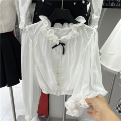 2025长袖短款辣妹风上衣甜美木耳边蝴蝶结钻扣长袖褶皱雪纺衬衫女