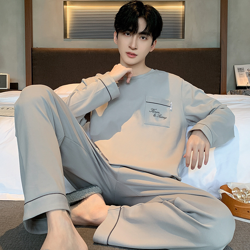 Knitted Cotton Pajamas Men's Spring and Autum Round Neck Long-Sleeved Pants Simple Casual Plus Size Youth Home Wear Set