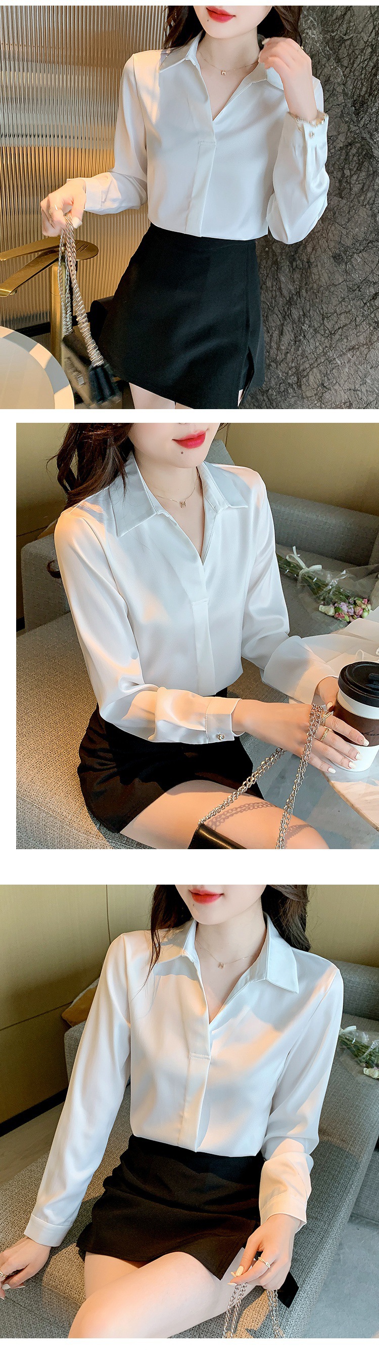 2026 봄 가을 미니멀리즘 관대 한 파란색 새틴 셔츠 여성 의류 슬림해 보이는 긴팔 대양 품격 광장 칼라 쉬폰 블라우스 맨위 상세 이미지 7