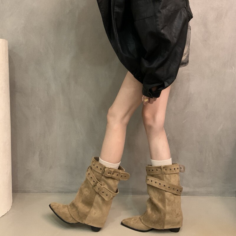 2025新款美式辣妹铆钉裤腿增高尖头短靴女秋冬新品西部牛仔靴|undefined