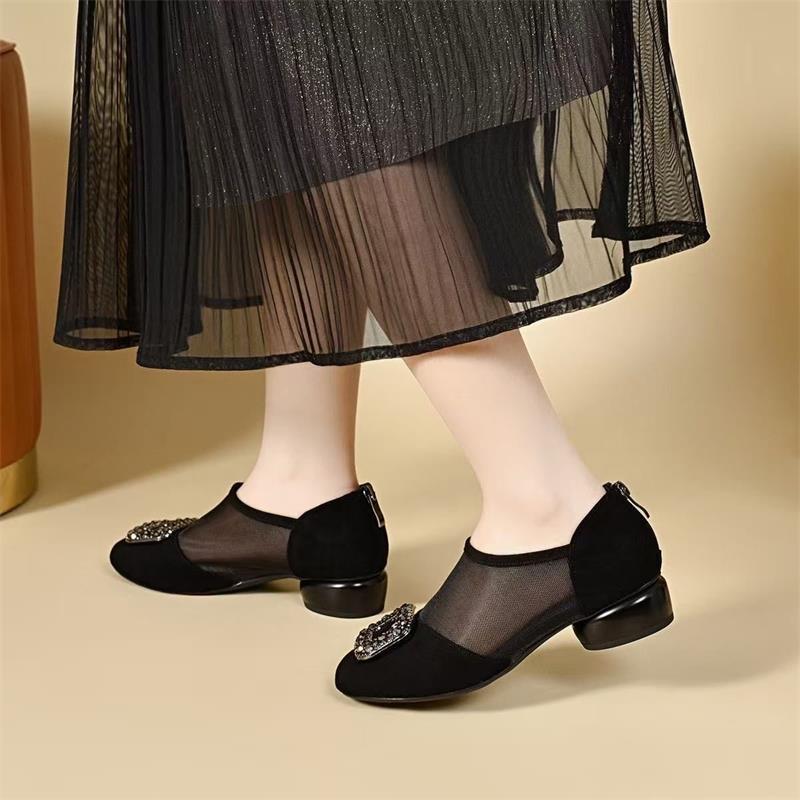 Zapatos de malla de moda explosiva primavera y verano 2026 nuevos zapatos de zapato con cremallera de talón bajo, zapatos de cabeza redonda para mujeres