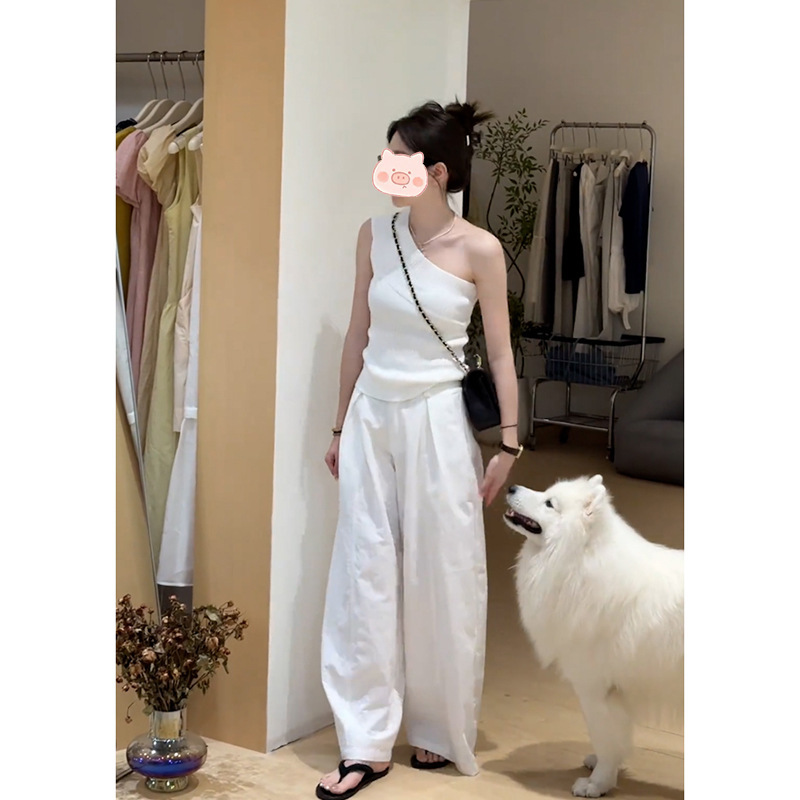 ootd穿搭减龄一整套装女夏季甜辣妹斜肩无袖背心上衣阔腿裤两件套|undefined