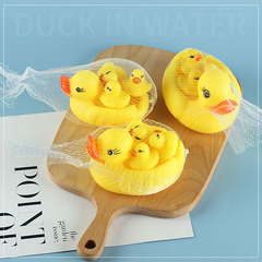 A big mother duck and three small ducklings playing in the water, with floating toys for babies and squeaky ducks, all in a net bag.