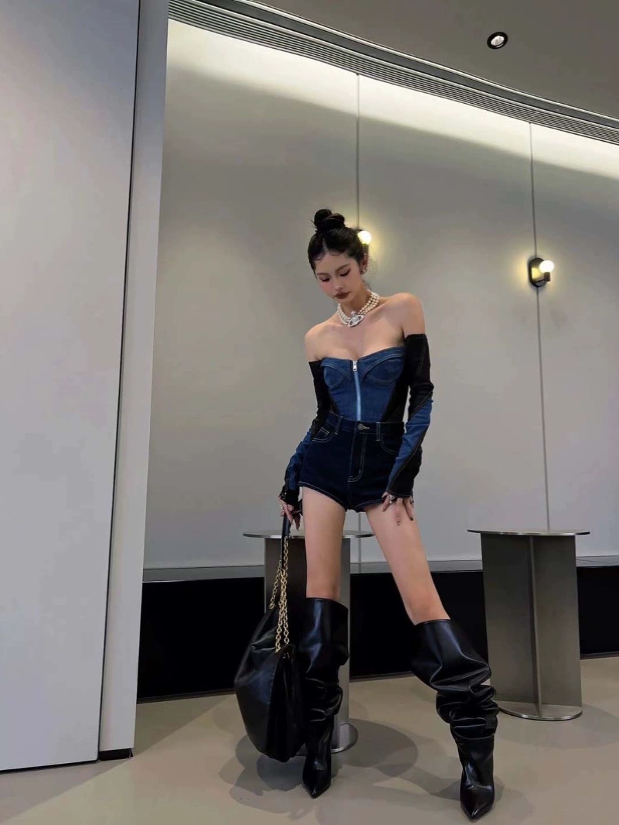 YIMENG23 Jeans strap blindage temperamento chica caliente puro deseo de un nuevo estilo de empalme en la moda