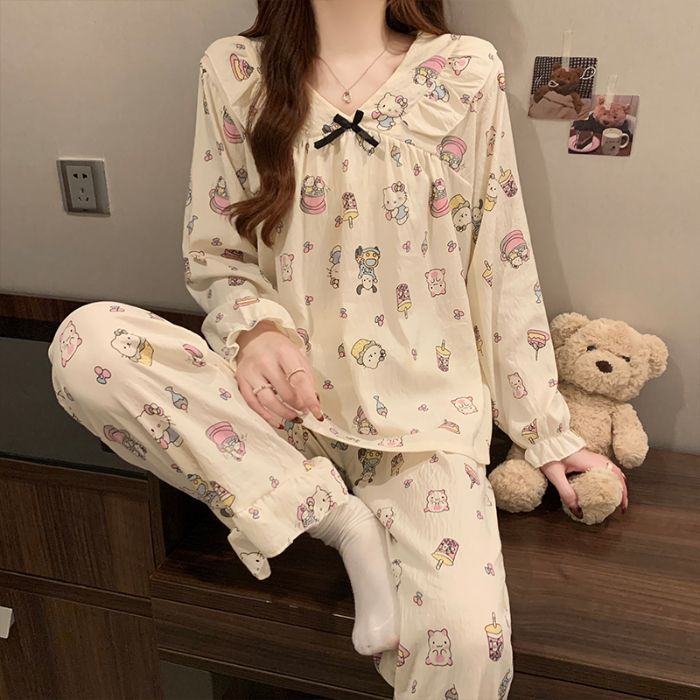 Pijamas de algodón nubes al por mayor transfronterizos de primavera y otoño de mujeres pantalones de manga larga de dos piezas con dibujos animados a rayas coreanas lindos ropa para el hogar