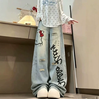 潮鲤有货卡通印花水洗做旧破洞牛仔裤女秋季新款宽松显瘦阔腿裤