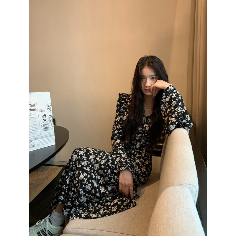 pusumede 法式碎花连衣裙女荷叶边设计感收腰气质鱼尾裙长款裙子|undefined