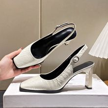 韩版2025年秋季新款轻便高跟鞋女粗跟百搭方头后空一字带时尚单鞋