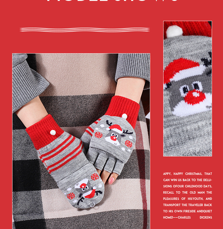Christmas half finger clamshell Winter warm student handwriting men and women's thick warm cycling knitted gloves_maomaolike.com