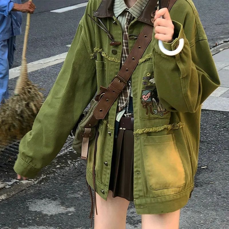 2025出街vintage”童趣刺绣磨毛牛仔外套春秋款ins绿色复古牛仔服|undefined