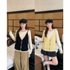 实拍2025秋胖mm大码韩系撞色假两件针织衫宽松慵懒长袖毛衣68699